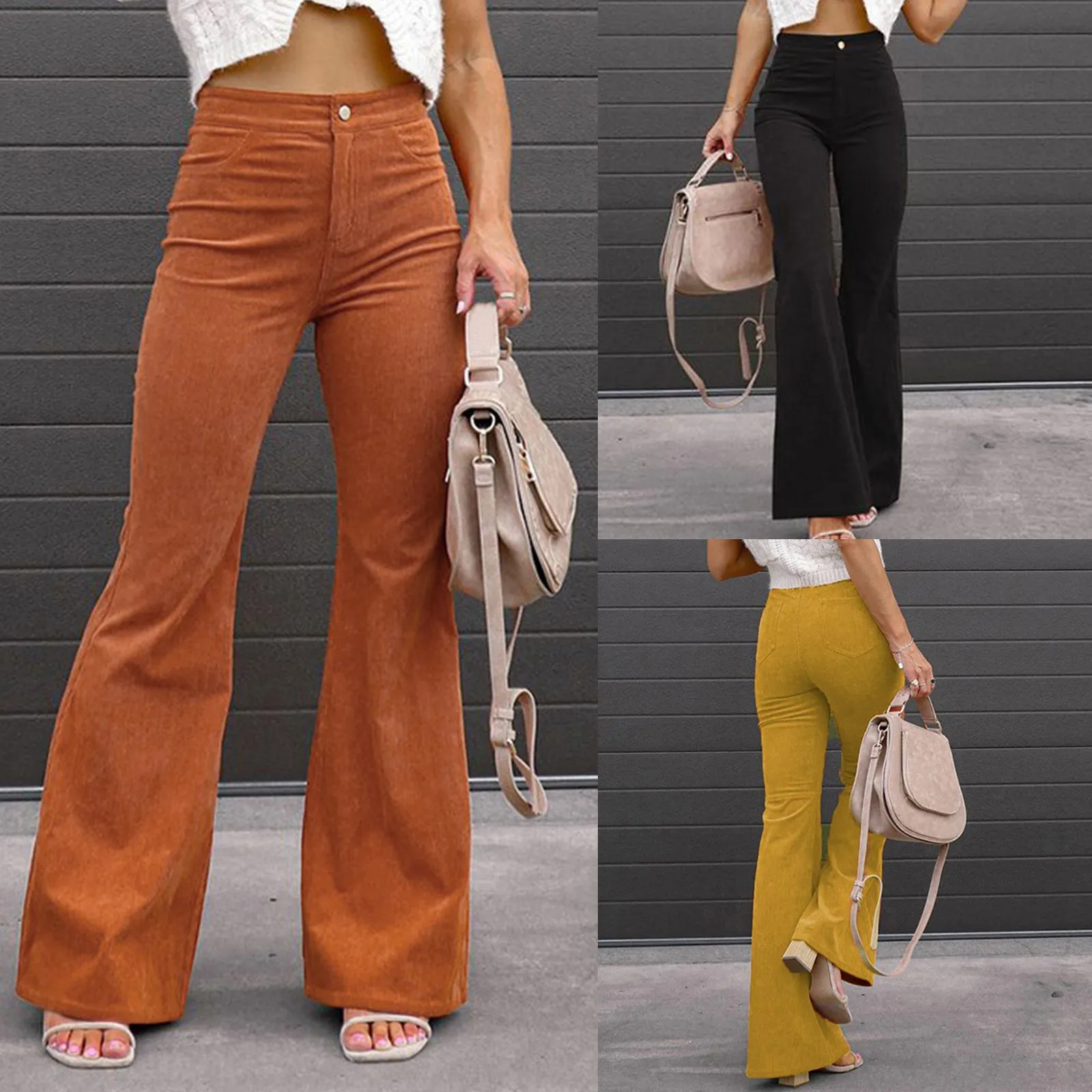 

Women Flared Pants High Waist Solid Color Button-up Lady Trousers Fall Winter Slim Fit Full Length Female Pants For Dating