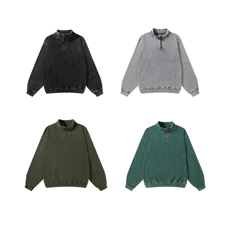 320G Vintage Washed Half Zip Stand Collar Sweatshirt Men American Retro Oversized Cotton Couple Streetwear Pullover Custom Logo