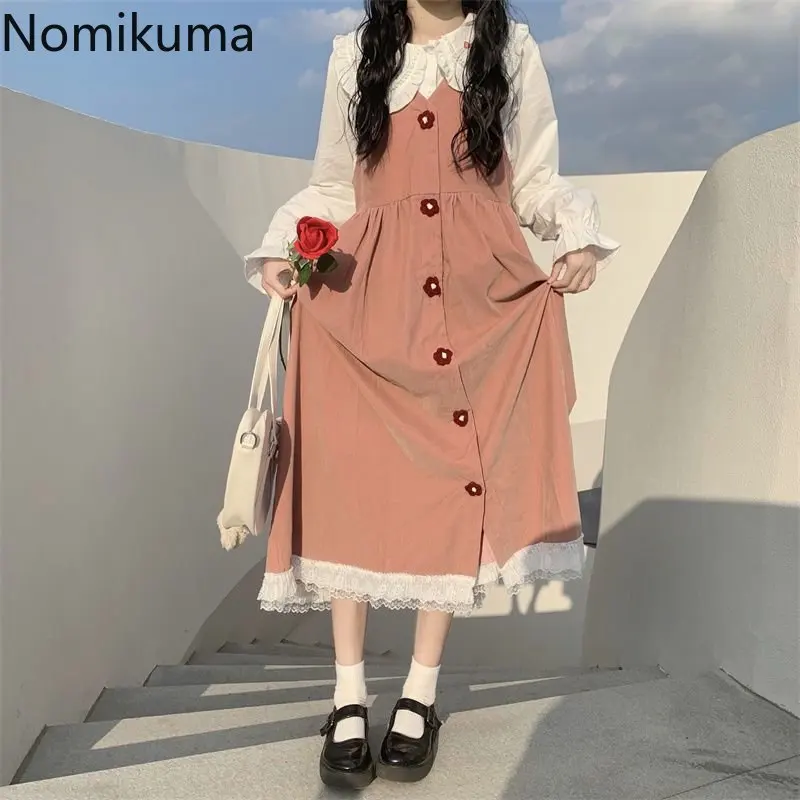 Nomikuma قطعتين مجموعة للنساء الربيع دمية طوق Kawaii قميص أكمام الدانتيل خليط فضفاض Preppy Vestidos فستان مجموعات