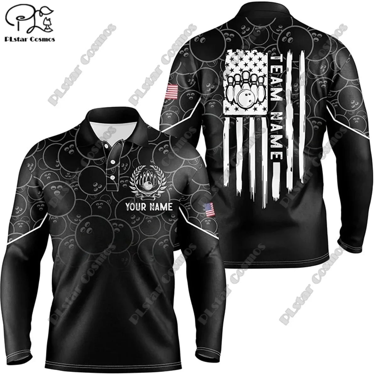 PLstar Cosmos new personalized bowling team 3D printed bowling pattern long-sleeved POLO shirt unisex team sports series X-8