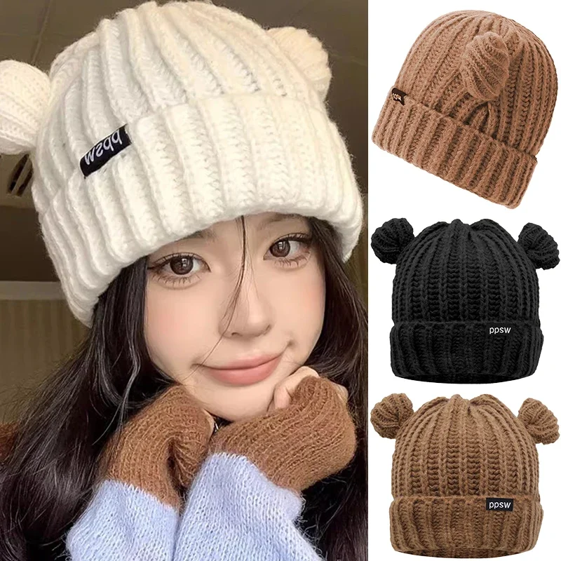 Snug Bear Ears Knitted Hat Simple Cold Resistant Beanie Large Capacity Thermal Caps Cold Winter Thick Bonnet Windproof Warm Hats