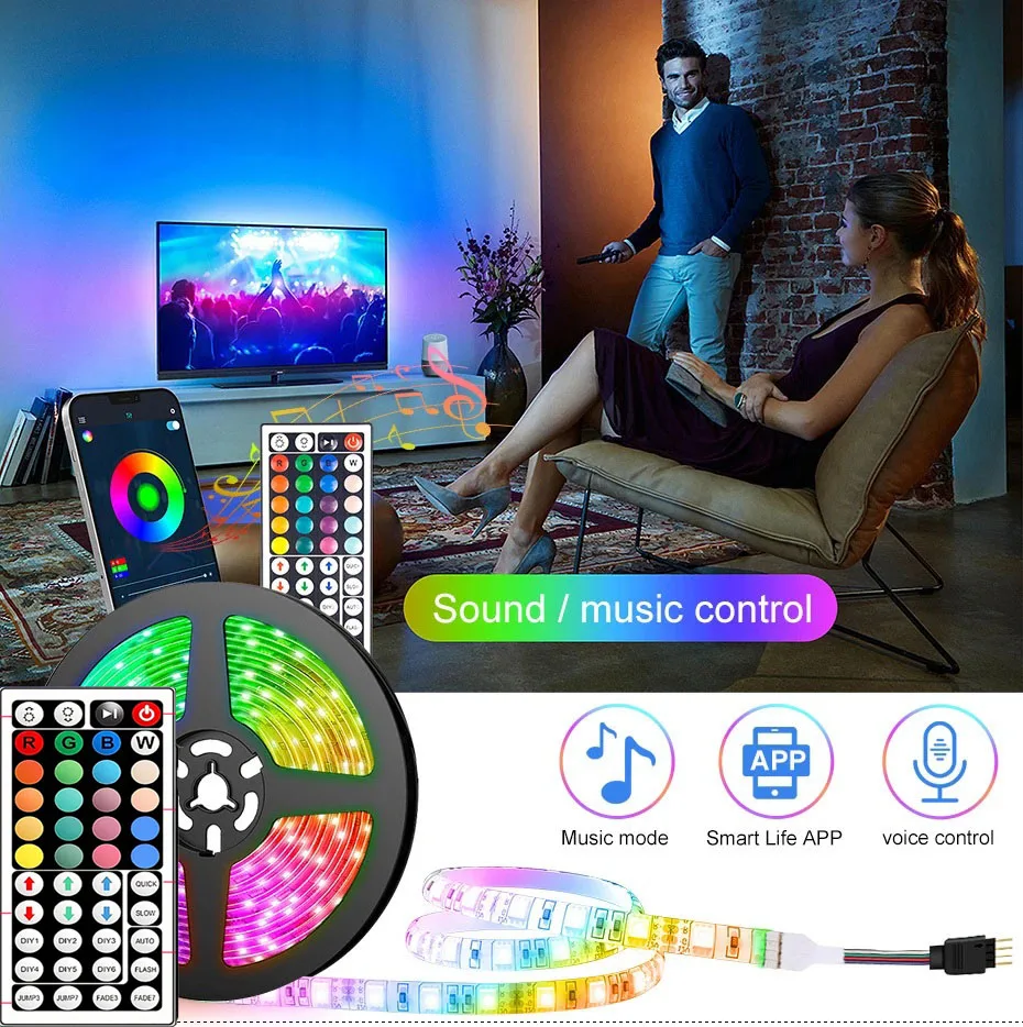 

5050 LED Strip Lights Bluetooth Control RGB Music Sync Lights Flexible USB Lamp Tape Ribbon For Room Decoration TV Backlight