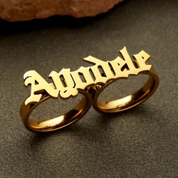 Stainless Steel Name Ring for Men Personalized Large 2 Finger Ring Knuckle Fashion Gold Double Finger Ring Women Couple Gift