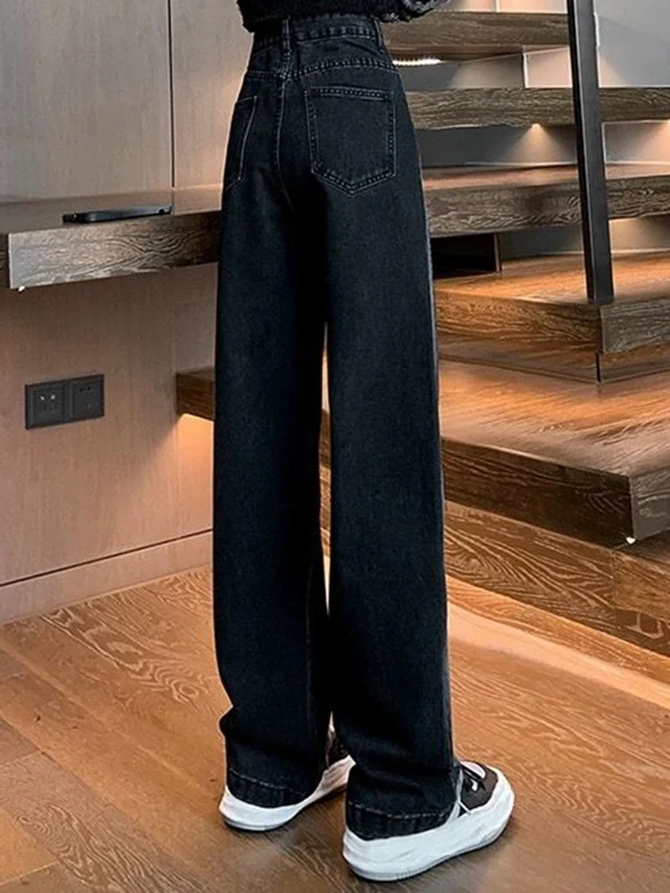 امرأة عالية الخصر الجينز سيدة الأمريكية شارع العليا المرقعة مستقيم الساق السراويل الفتيات أسود رمادي التباين اللون واسعة الساق السراويل