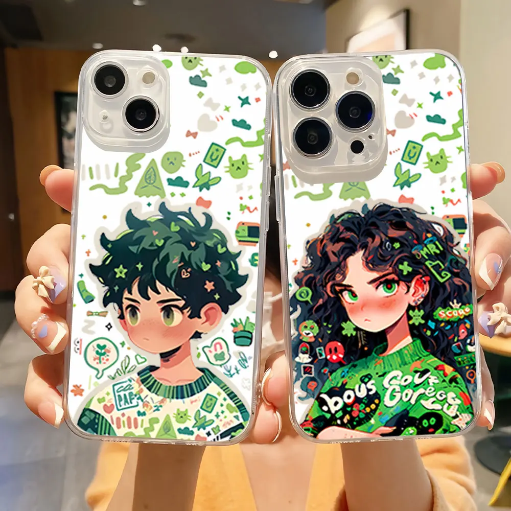 Fashion Green Hair Couple Phone Case for iPhone 11 12 13 14 15 16 Max Pro Plus Transparent Soft Shell