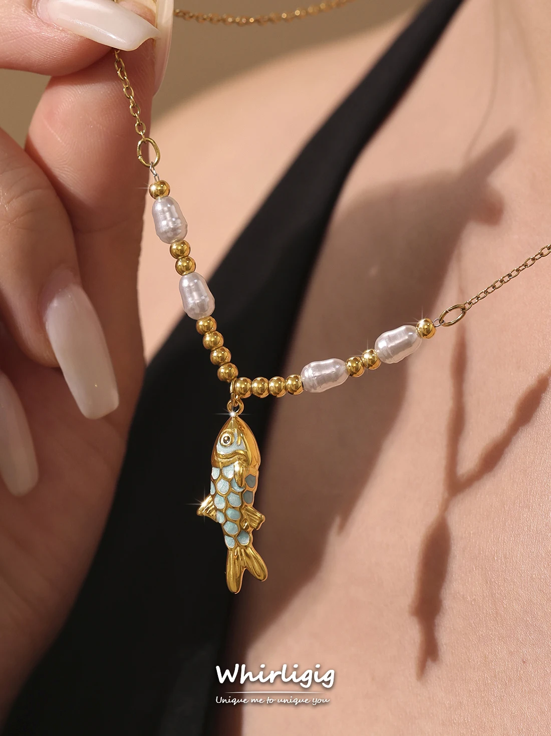 

Chic Fish Pendant Necklace Earrings For Women Stainless Steel Waterproof Simulated Pearl Chain Clavicle Choker Daily Jewelry