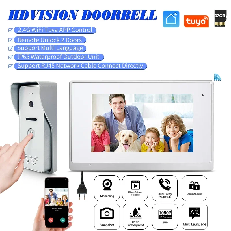 

Tuya Smart Wifi Video Doorbell Home Intercom Phone 1080P Door Viewer Camera Intercom 7 inch Screen 32G Memory Record