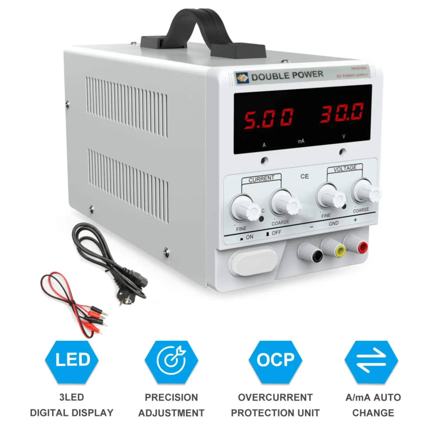 DC Power Supply 30V 10A Adjustable Switching Regulated DC Bench Linear Power Supply with Alligator Leads 3 LED Digital Display