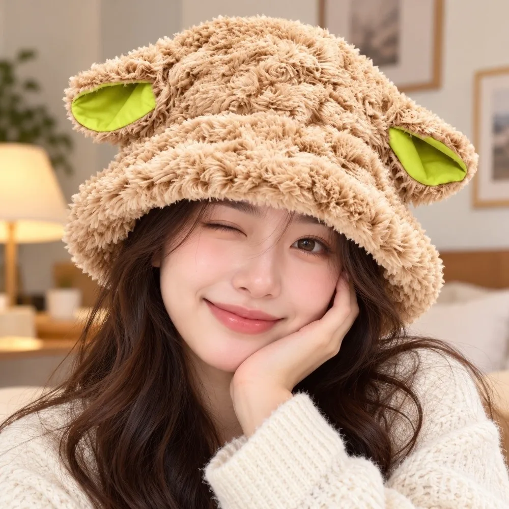 Trendy Plush Plush Bucket Hat Fluffy Soft Sheep Fisherman Hat Fuzzy Warm Lamb Ear Hat Outdoor