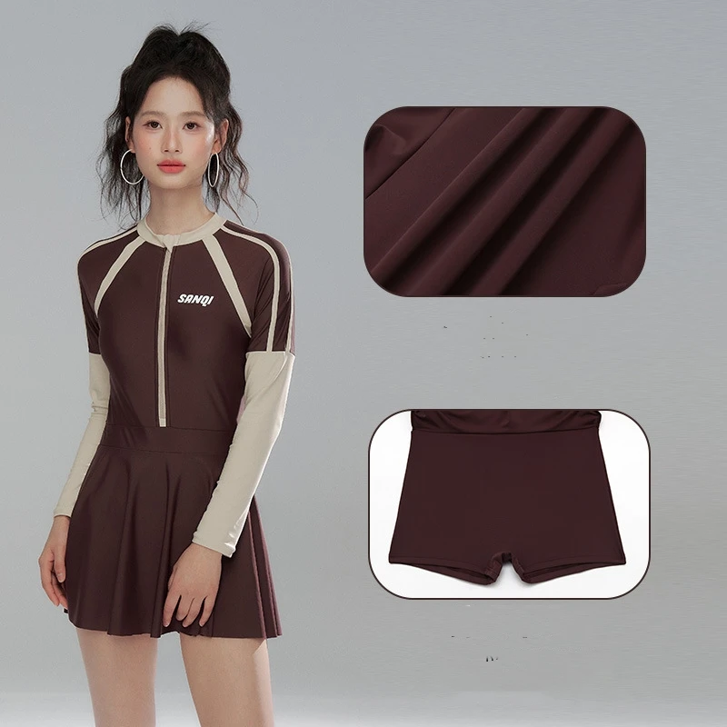 Women One Piece Long Sleeve WaterProof Surfing Paded Beach Swim Skirts Female Front Zipper Athletic Bathing Push Up SwimWear