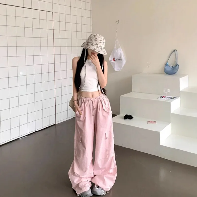 Women High Waist Thin Cargo Pants Spring Summer American Quick Dry Wide Leg Sweet Casual Trousers For Petite Figure