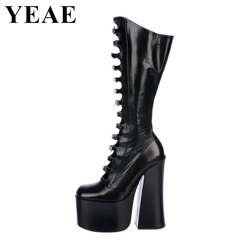 Thick Sole Black Hollow Out Knee High Boots Women Platform Square Heel Dance Shoes Super High Heel Sexy Boots Plus Size Footwear