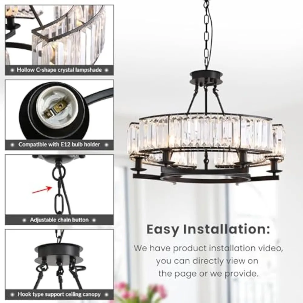 Round Crystal Chandelier 6 Lights Hanging Chandelier Pendant Light Ceiling Fixture Black Iron Frame Farmhouse 26 Inch x H20 Inch