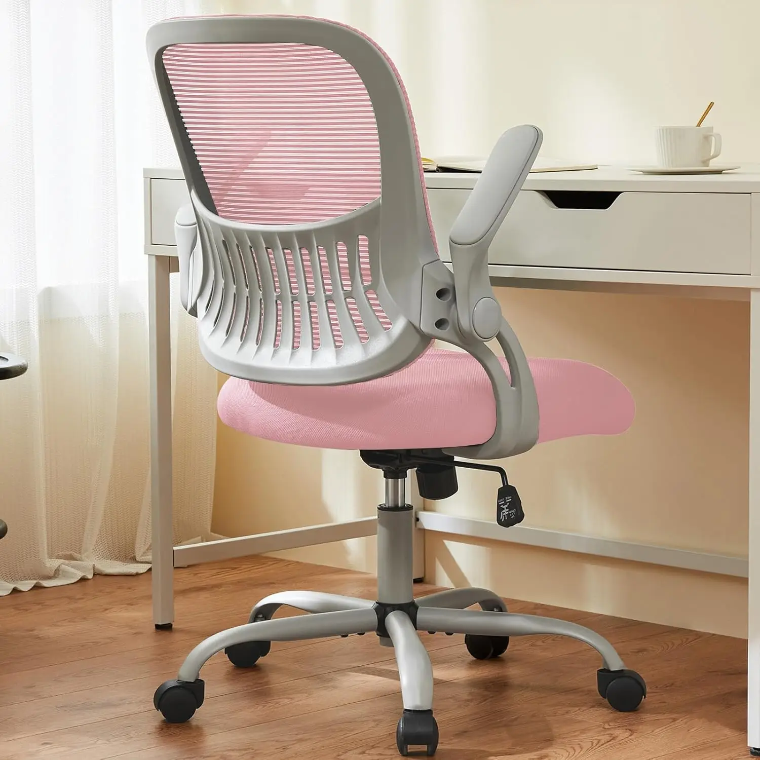 

Swivel Task Chairs with Wheels, Comfortable Lumbar Support, Comfy Flip-up Arms for Home, Bedroom, Study, Student, Pink