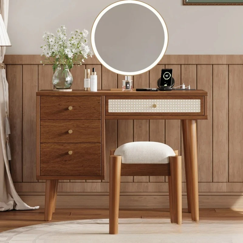 Dresser set with USB port and stool, with 4 storage drawers