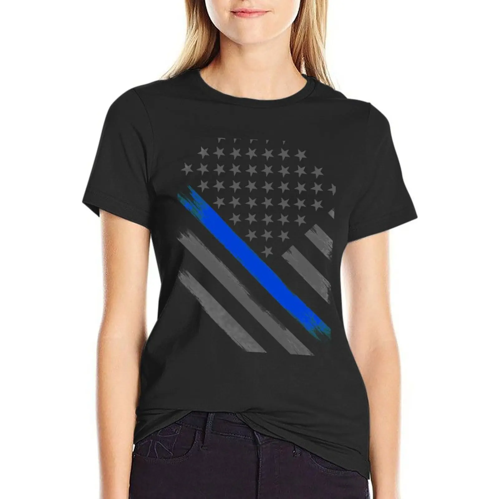 Camiseta fina de Oficial táctico con bandera de línea azul para mujer, tops de talla grande, camisa con estampado de animales gráficos, Top para niñas