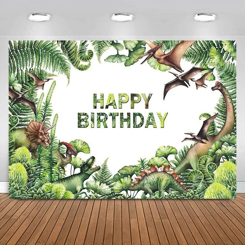 Dinosaurs Themed Background Safari Jungle Green Leaves Child Kid Happy Birthday Party Decoration Banner Backdrop for Photography