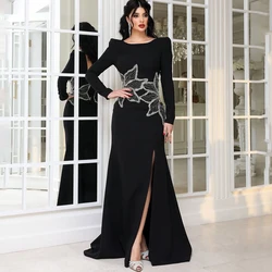 Flechazo Black Jersey Beaded Evening Dress Scoop Neck Long Sleeves Mermaid Floor Length Side Slit Women Customized Party Gowns