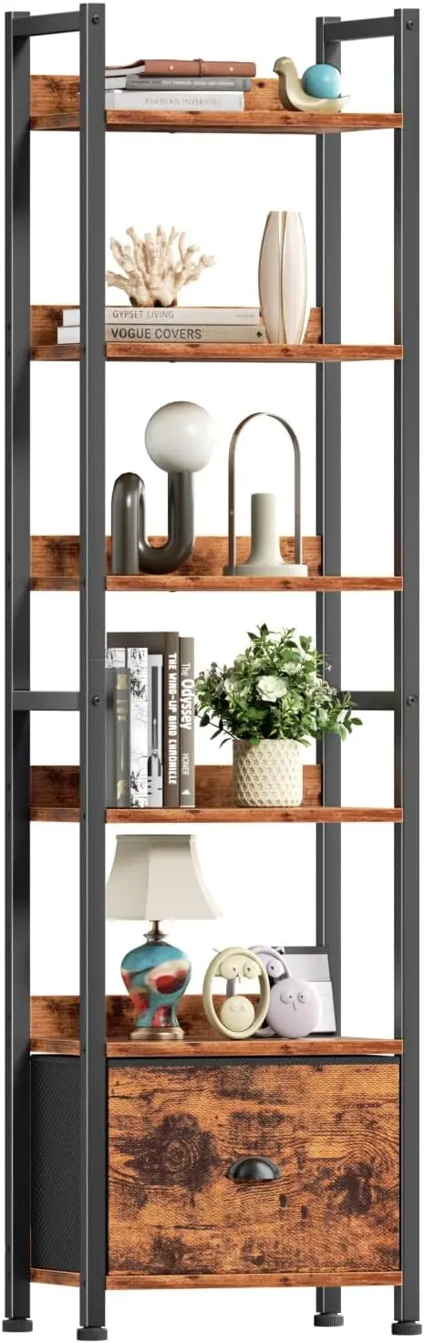 6 Tier Bookshelf, Tall Shelf with Drawer, Wood and Metal Bookshelves Storage Organizer, Industrial Display Shelving Unit for Bedroom, Living Room, Home Office, Rustic Brown