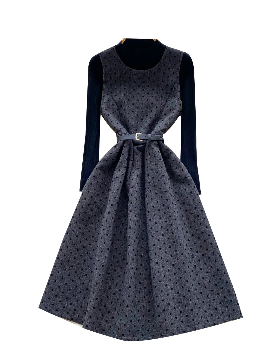 Women's Autumn Faion Two-Piece Set High Waist Polka Dot Dr Belted Waist Svel + Knitted Base Layer Ci Commute