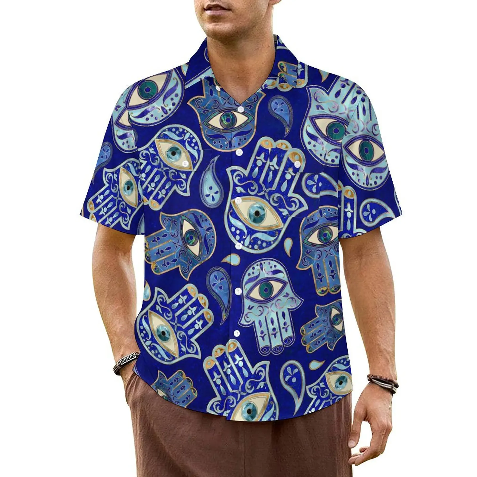 

Голубая Повседневная рубашка с изображением сглаза, рубашка рука Фатимы в стиле ретро, летние мужские рубашки с коротким рукавом для отпуска, Y2K, забавная модель с рисунком