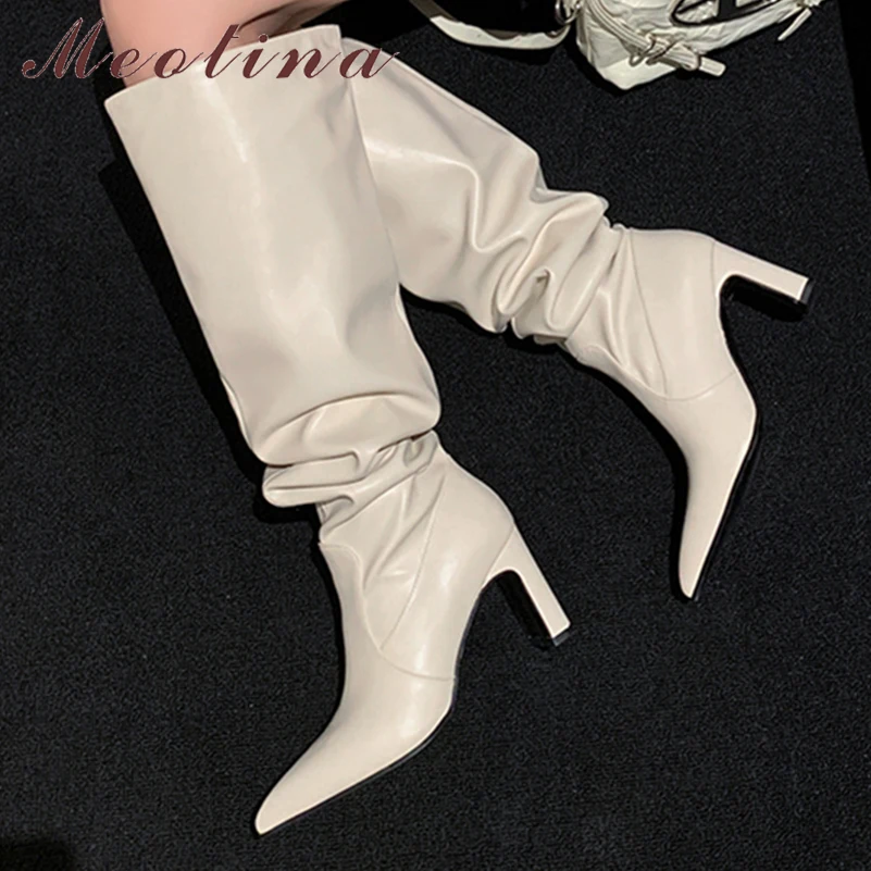 

Meotina Women Thigh High Boots Pointed Toe Thick High Heels Pleated Concise Long Boot Ladies Fashion Shoes Winter Black Beige 42