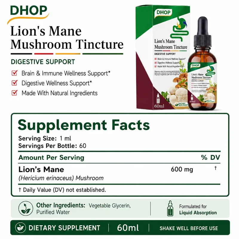 Lion’s Mane Mushroom Tincture Liquid Drops Vegan Non GMO Mushroom Extract Brain & Digestive Wellness Support Supplement 60ml view 2