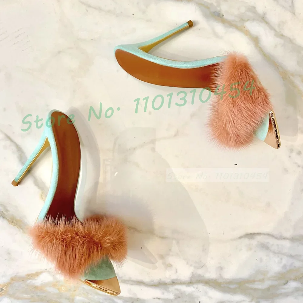 

Gold Pointy Fur Wrap Heeled Slippers Women Summer Sexy Green Fluff Shoes Lady Mixed Colors Party Casual High Heels Slippers