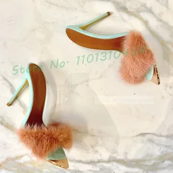 Gold Pointy Fur Wrap Heeled Slippers Women Summer Sexy Green Fluff Shoes Lady Mixed Colors Party Casual High Heels Slippers
