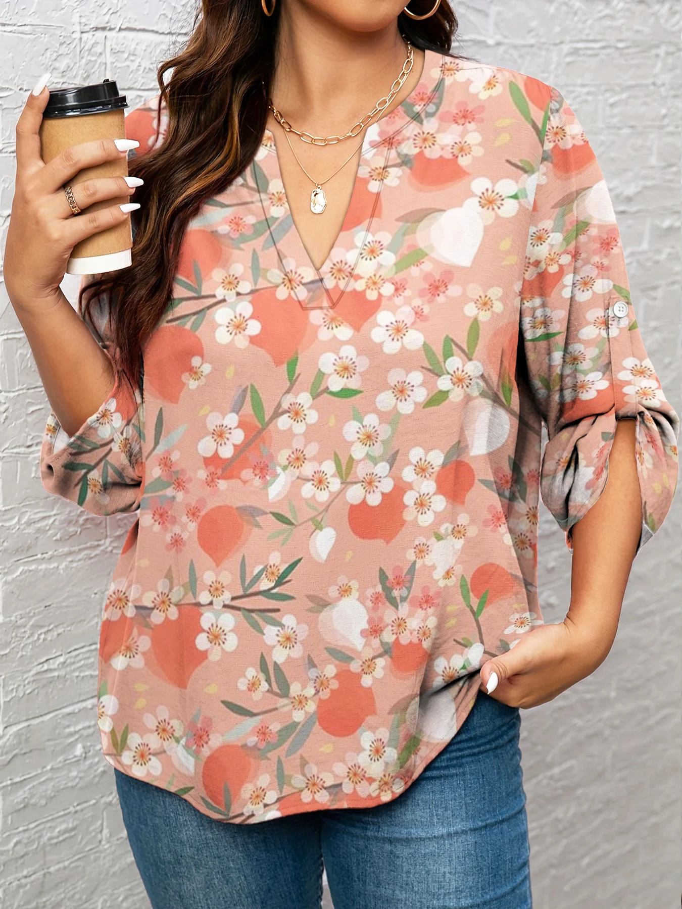 Women Florals Shirts Pretty Peach Blossom 3D Printed Tops V-neck Long Sleeve T-shirts Famale Casual Clothing L-5XL