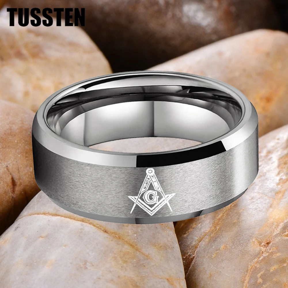 Dropshipping TUSSTEN 6/8MM Beveled Matte Tungsten Ring Laser Engraved With Mason Freemason Pattern For Comfortable Fit