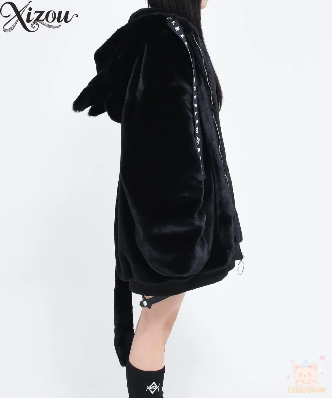 معطف فرو ياباني من القطيفة لعام 2025 للنساء للشتاء سميك ودافئ على شكل آذان الشيطان سترة بقلنسوة وسحّاب فضفاض Kawaii Y2K بلوزات كاساكو الشرير #6