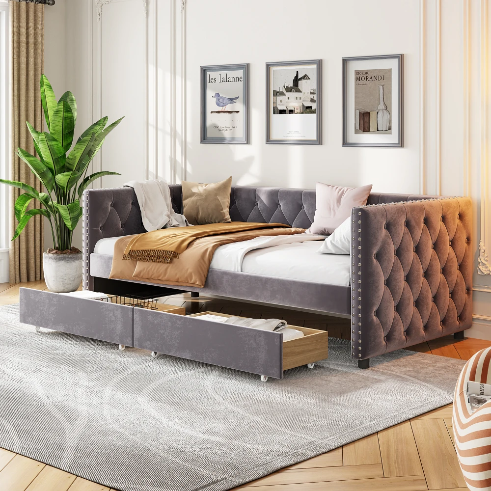 A Modern Velvet Cushioned Sofa Bed with Drawers and Button Down Plush Sofa Frame, Equipped with Double Drawers and Furniture