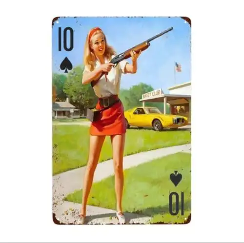 SKEET CLUB WOMAN WITH SHOTGUN METAL TIN SIGN 10 OF SPADE PLAYING CARD THEME