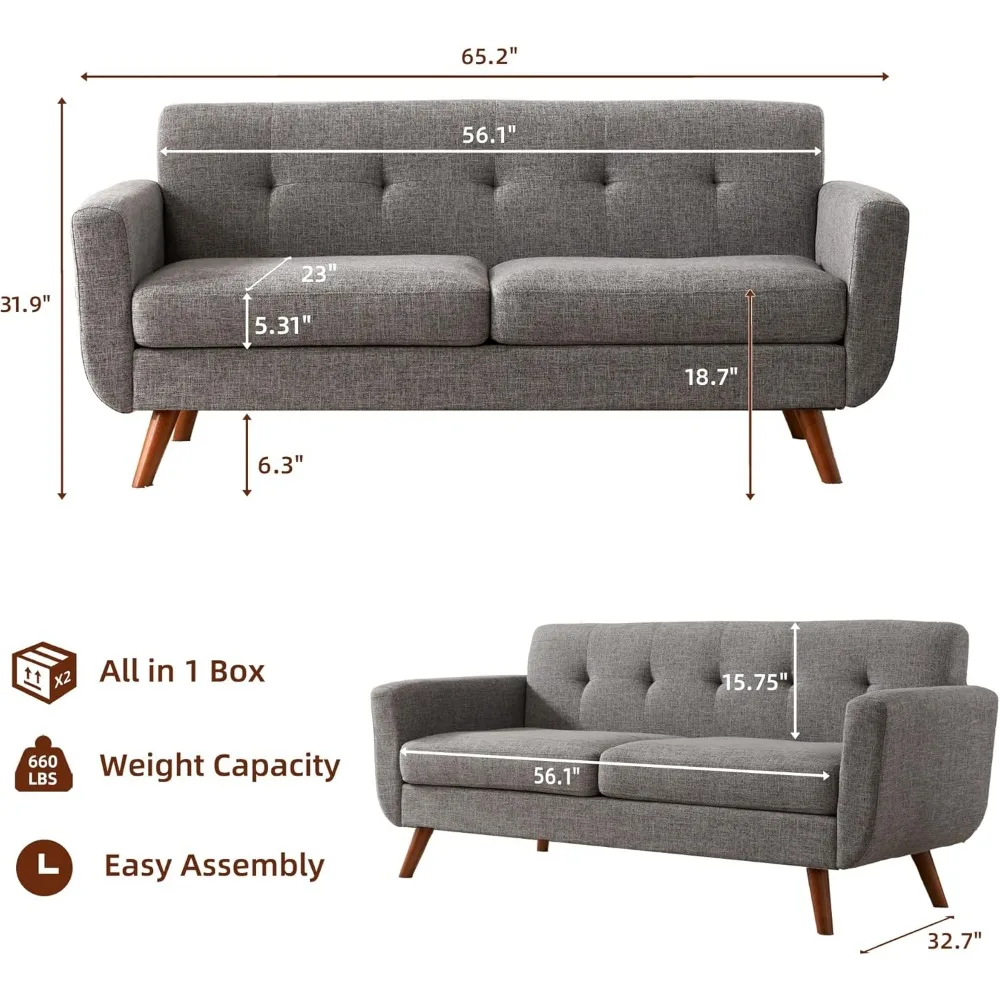 Loveseat Sofa, Mid Century Modern Love Seat Couches for Living Room, Button Tufted Upholstered Small Couch for Bedroom