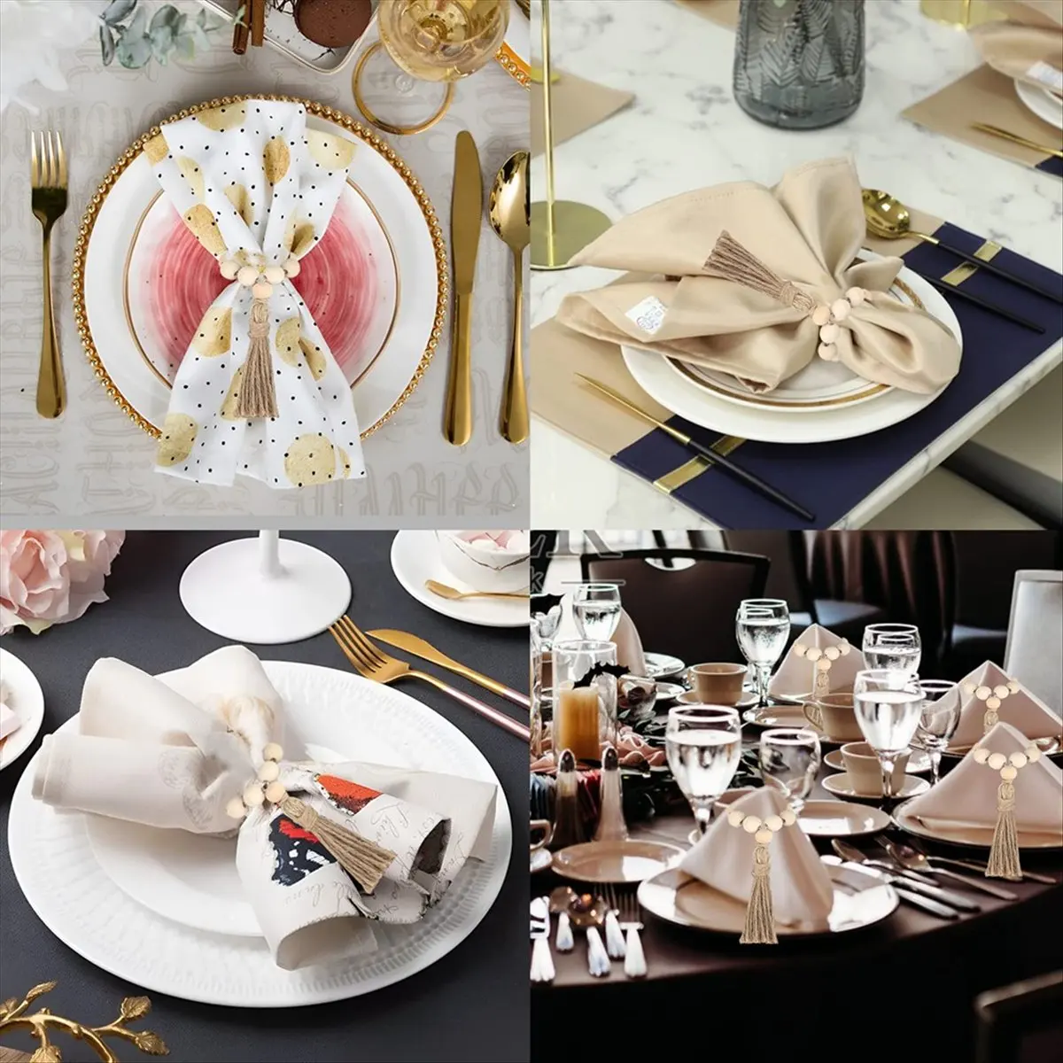 【HOT N07R】 12PCS Natural Wooden Beads Napkin Rings with Tassels Napkin Holders for Christmas Farmhouse Wedding Home Table Decor