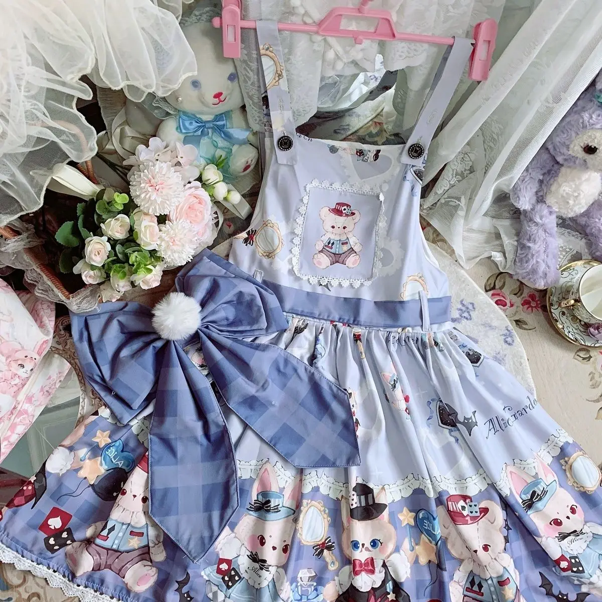 일본 소녀 귀여운 로리타 JSK 원피스 귀여운 토끼 프린트 드레스, 여성 파티, 여름 공주 멜빵 원피스