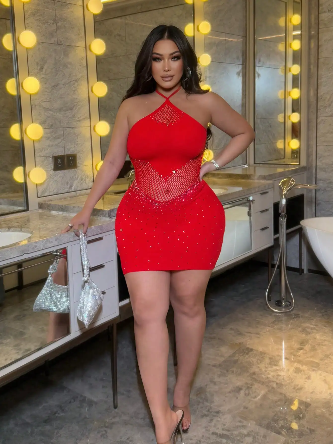 Women Sexy Dress Mesh Hollow Out Fitted Mini Dress Plus Size Sleeveless Bodycon Dress Nightclub Party Dating