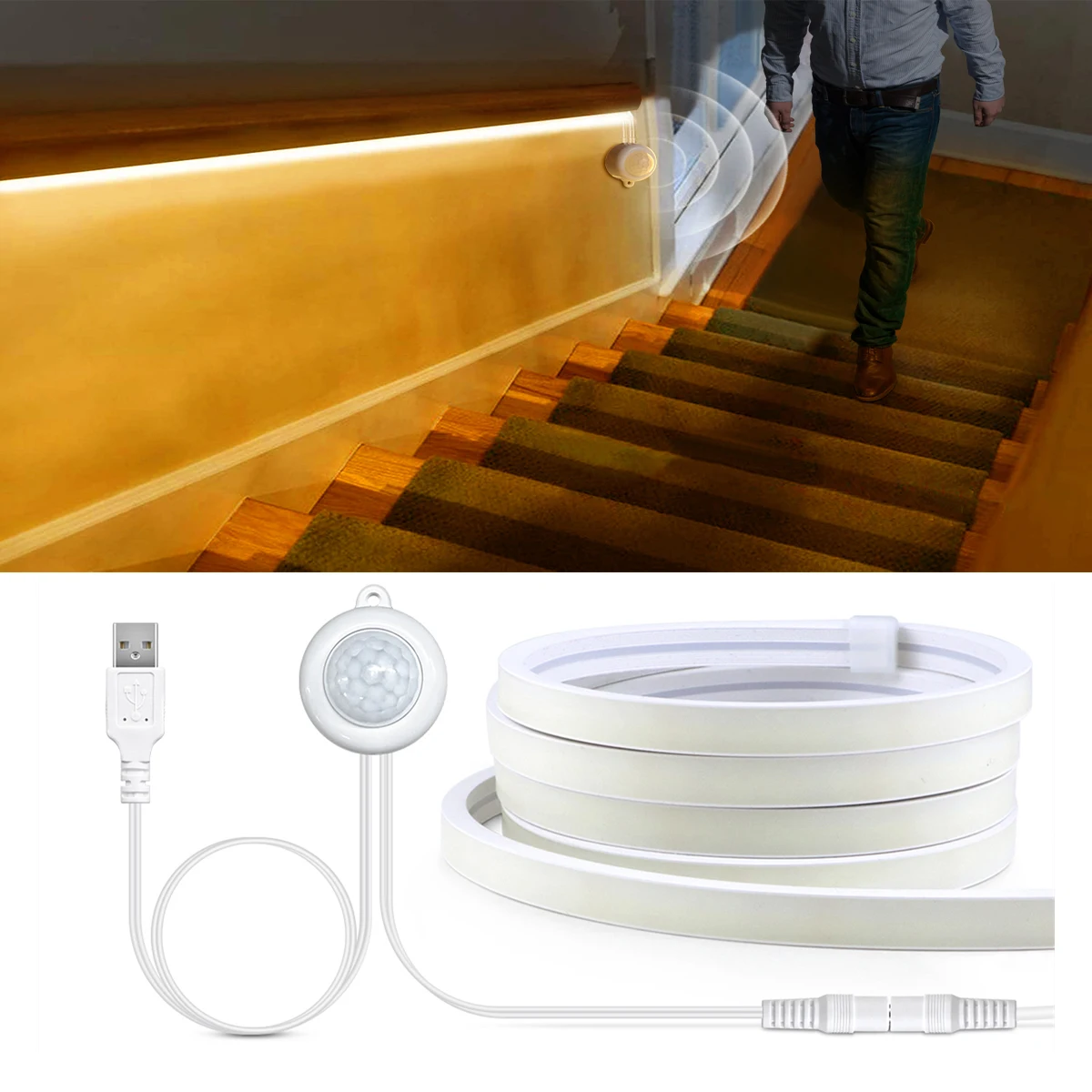 Motion Sensor Flexible LED Strip Under Cabinet Lights USB COB Neon Sign Waterproof Cupboard Kitchen Bed Emergency Night Light