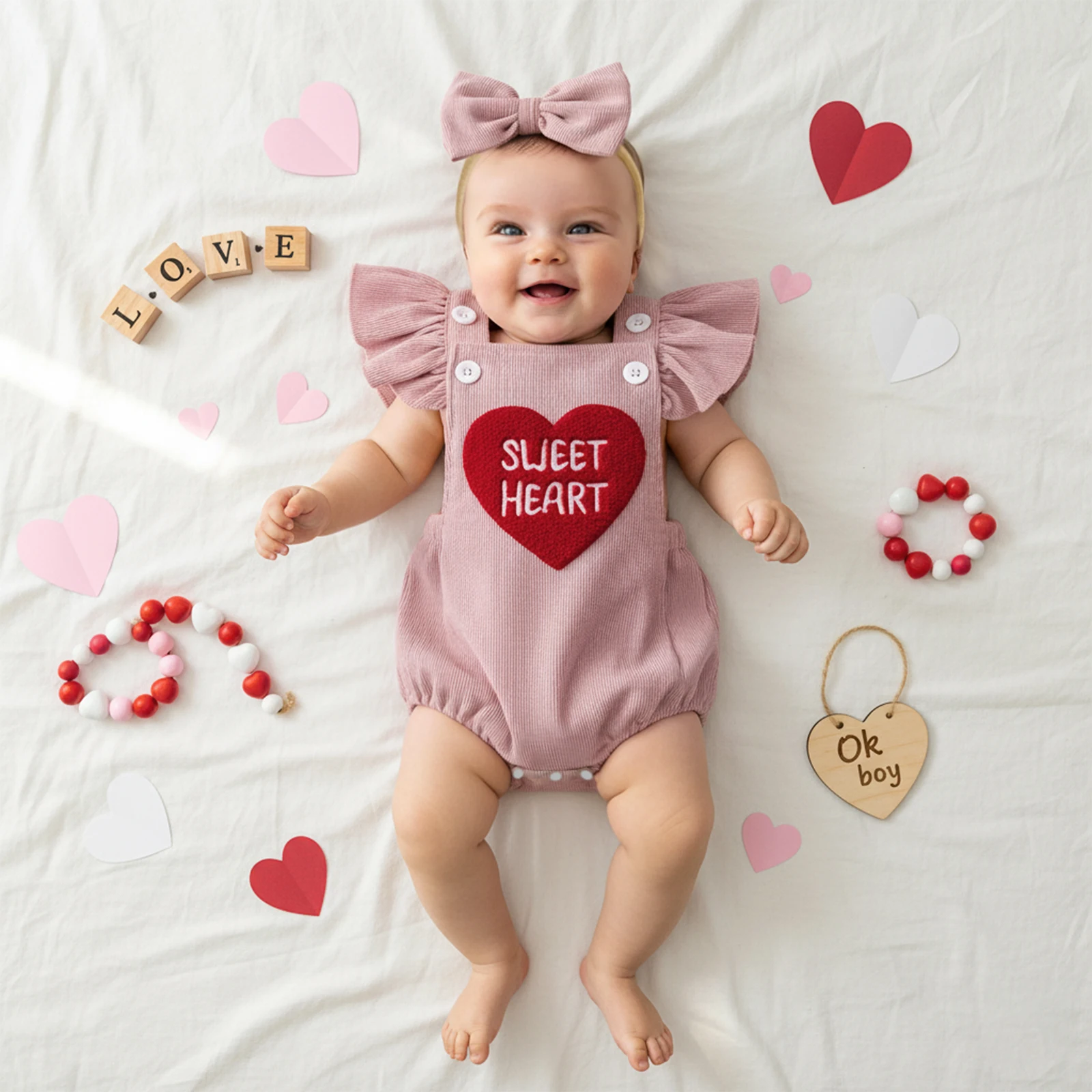 Baby Girl Valentines Bodysuits Outfit Letter Love Heart Embroidered Ruffled Trim Flying Sleeve Corduroy Romper Bow Headband Set