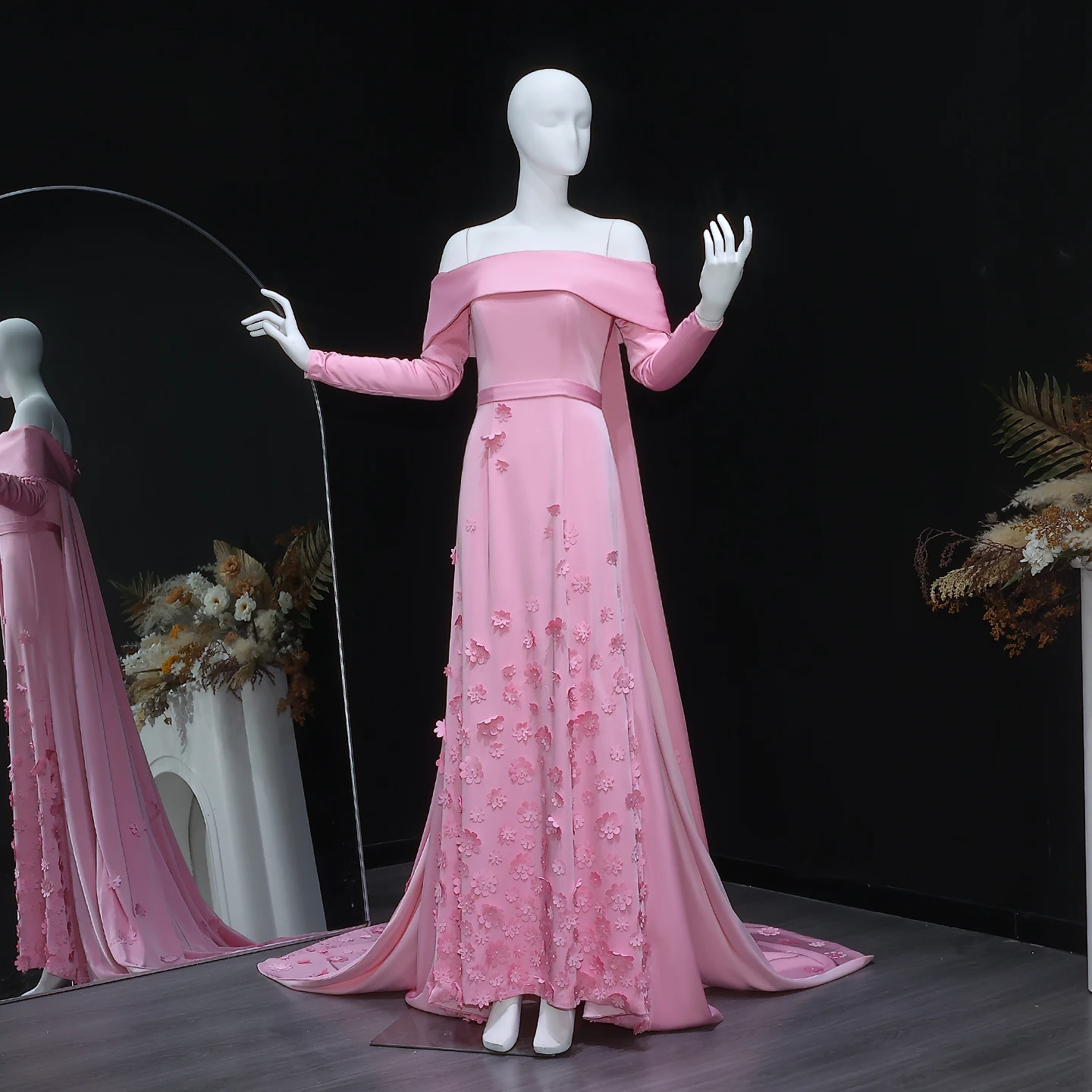 Sharon Said – robe de soirée droite rose de luxe, haute qualité, fleurs 3D, épaules dénudées, robes de soirée de mariage personnalisées pour femmes