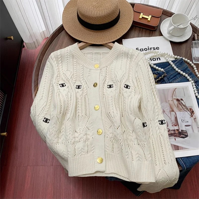 Y2K Autumn Winter Sweater Jacket 2024 New Single-Breasted Solid Color Women\'s Clothes Blouse Fashion Embroidery Knitwear Coat