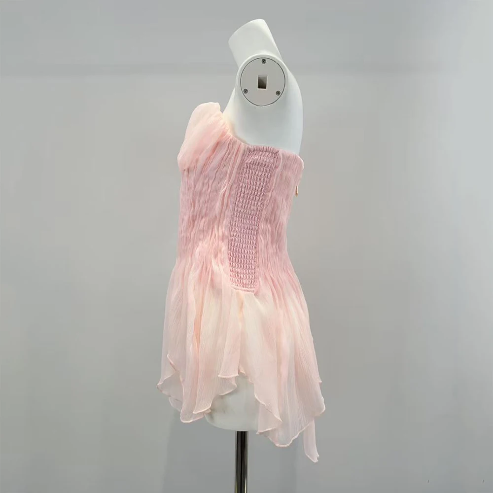 Women's Cotton-Blend Pink Tube Top Ruched Asymmetrical Fairy Hem Strapless Corset Top Summer Party Streetwear 2026 New Y2K
