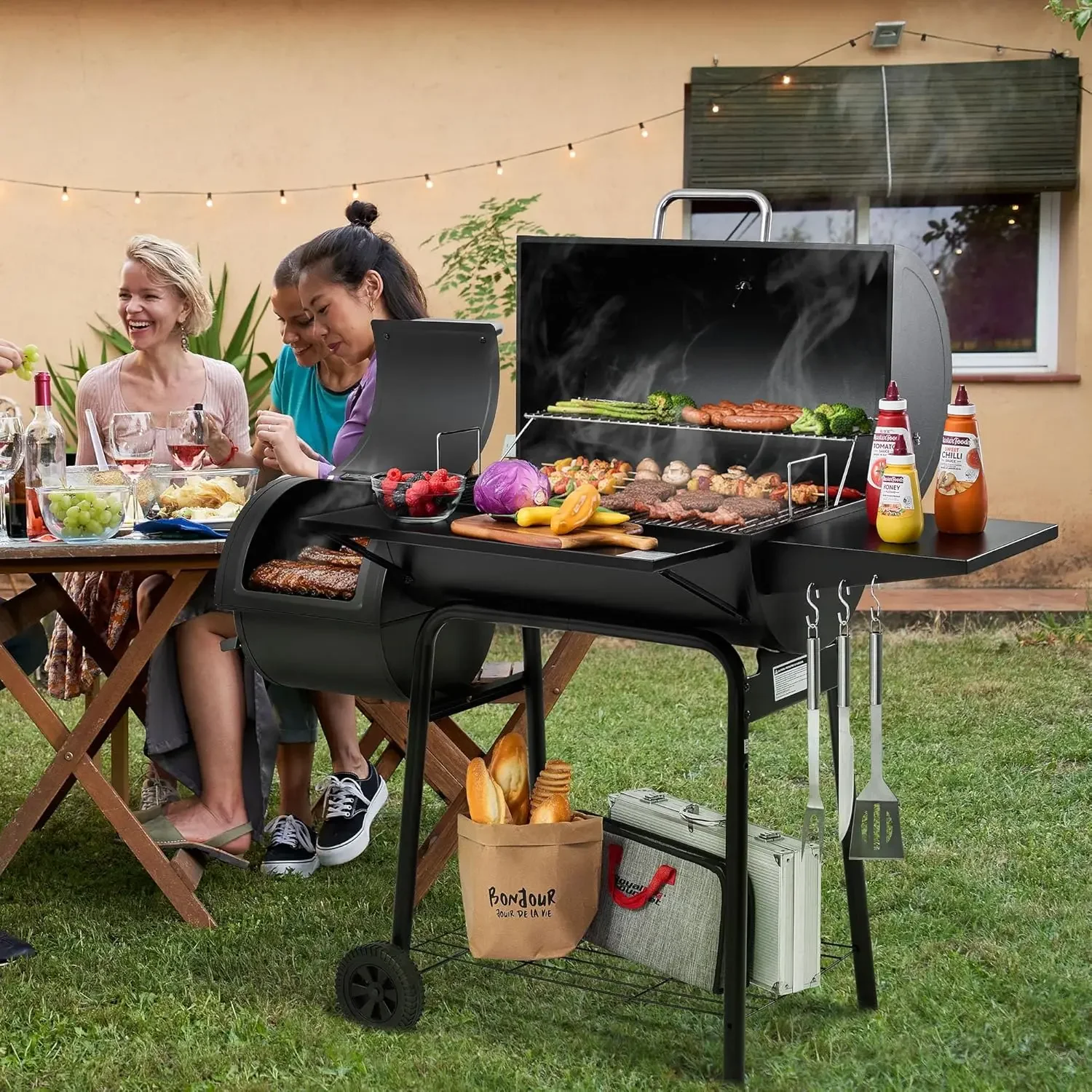 BBQ Charcoal Grill and Offset Smoker | 823 Square Inch cooking surface, Outdoor for Camping | Black