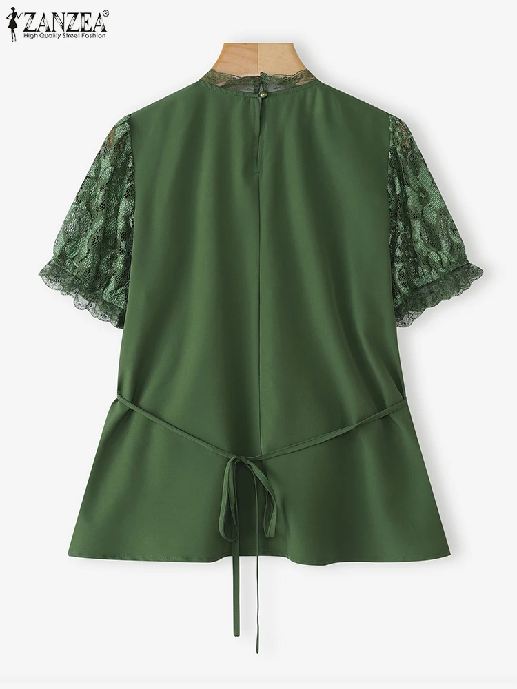 ZANZEA 2025 夏トップス エレガント OL ブラウス レディース チュニック ファッション 半袖 花柄 レース シャツ バンドゥ カジュアル オフィスレディ ブラウス
