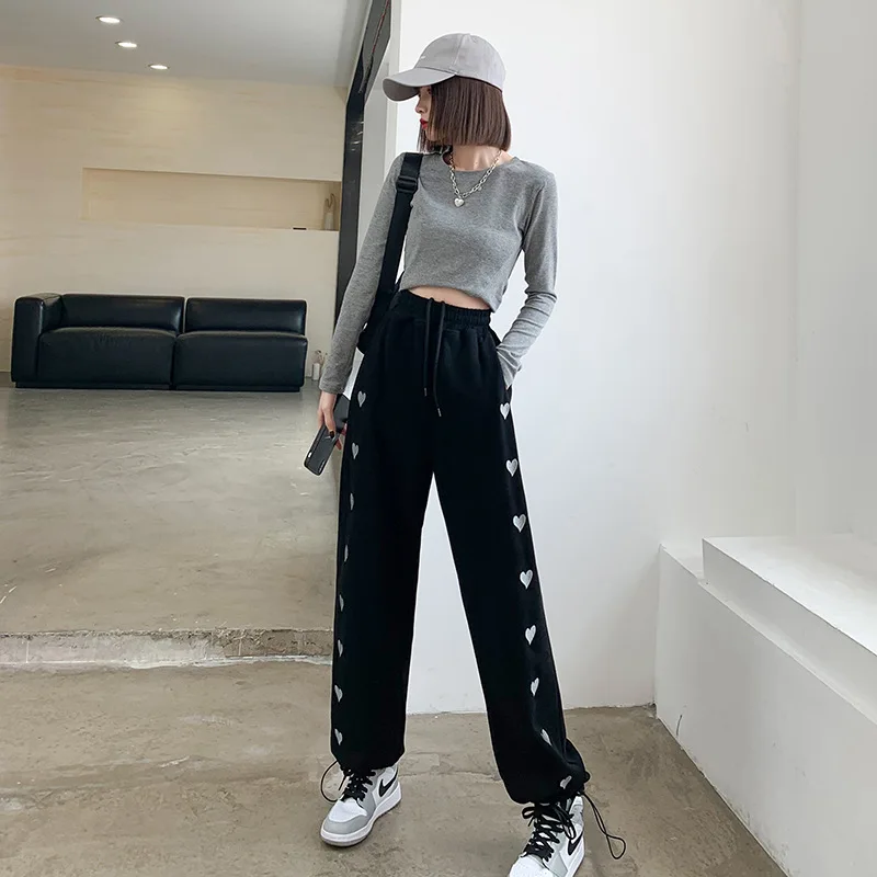 Sweet and Fresh Solid Color Heart-shaped Fashionable New Pants Women High Waisted Loose Fitting Drawstring Jogging Casual Pants