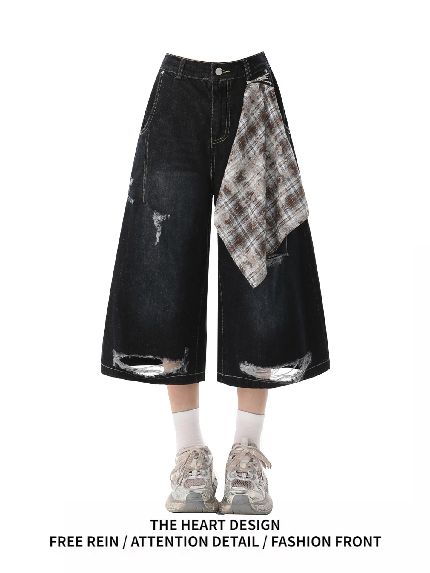 

Американский дизайн съемного шарфа, рваные джинсовые орты, женские летние новые широкие брюки на семь футов, повседневные джинсы с высокой талией