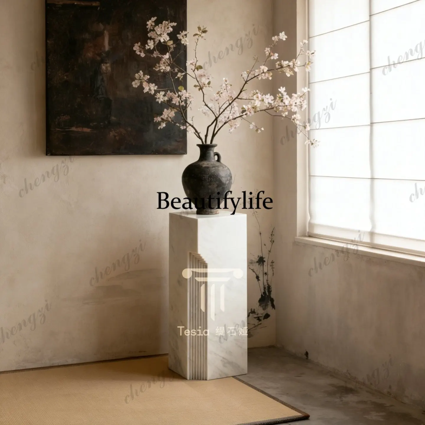 Natural white marble luxury stone floor-to-ceiling sculpture base ornament display stand column pier