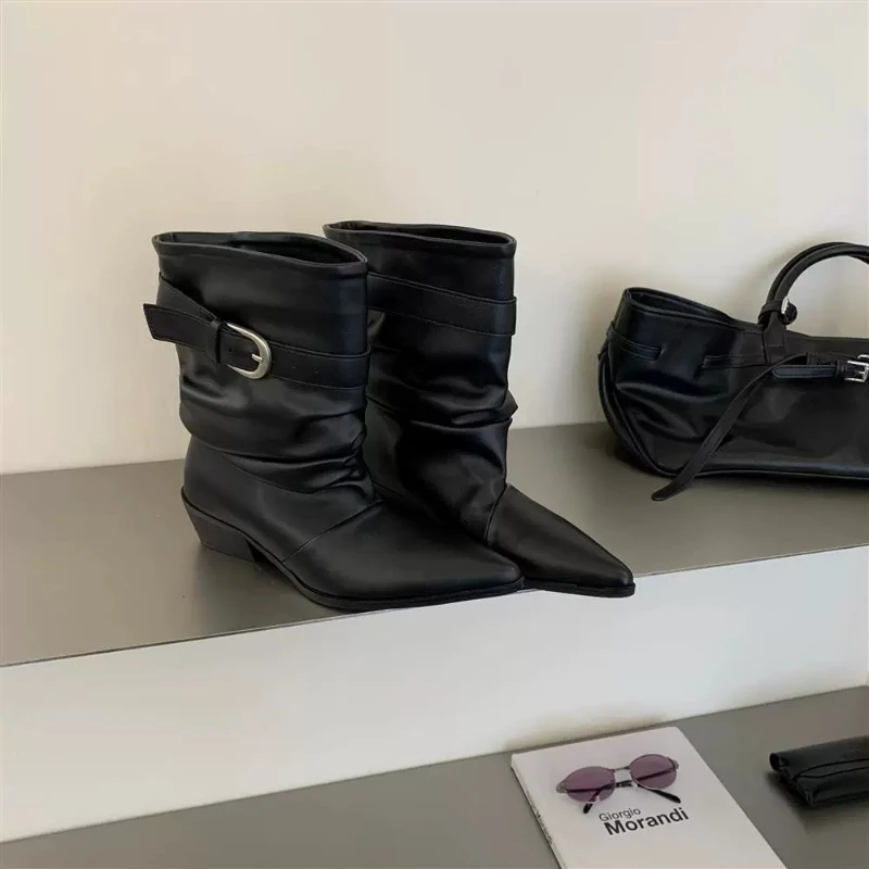 2026 New Women's Boots with A Pleated Belt Buckle Ankle Boots Stylish Punk Style Pointed Square Heel Party Shoes Fashion Shoes