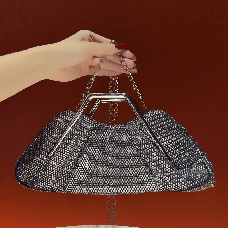 Luxury Crystal Rhinestone Evening Bag for Women Triangle Metal Frame Handle Handbag Formal Banquet Clutch for Wedding Nightclub